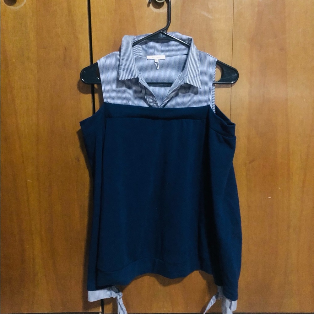 Half Blouse/Half Sweatshirt Hybrid Cold Shoulder Top (Juniors M)